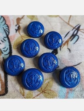 Vintage Buttons Nautical Anchor Sailor Navy Children's Electric Blue Plastic